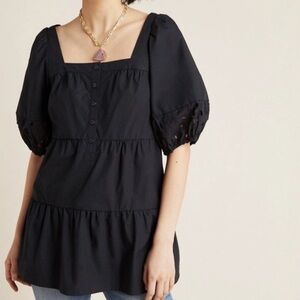 Maeve Anthropologie Everly Tiered Eyelet Babydoll Tunic Top Women’s Small Black